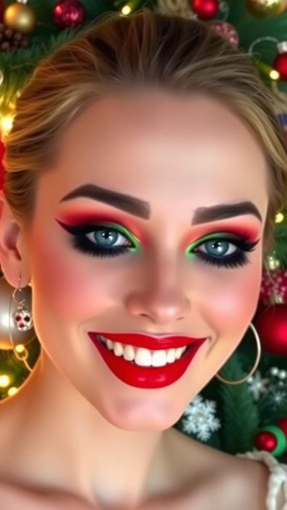 High contrast Christmas makeup with red and green eyeshadow, bold eyeliner, and red lips, displayed with Christmas decorations.